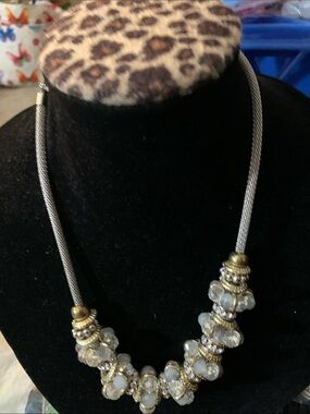 Gold Tone Accented Gray Crystal Beaded Necklace